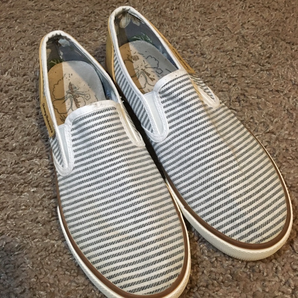 Tommy Bahama Women's Slip-On Canvas Flats - White & Gray Striped